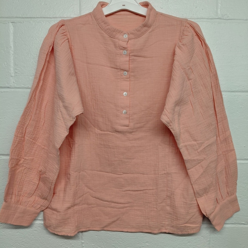Coral Cotton Band Collar Popover 1/4 Button Tunic Womens SMALL Long Sleeve Shirt